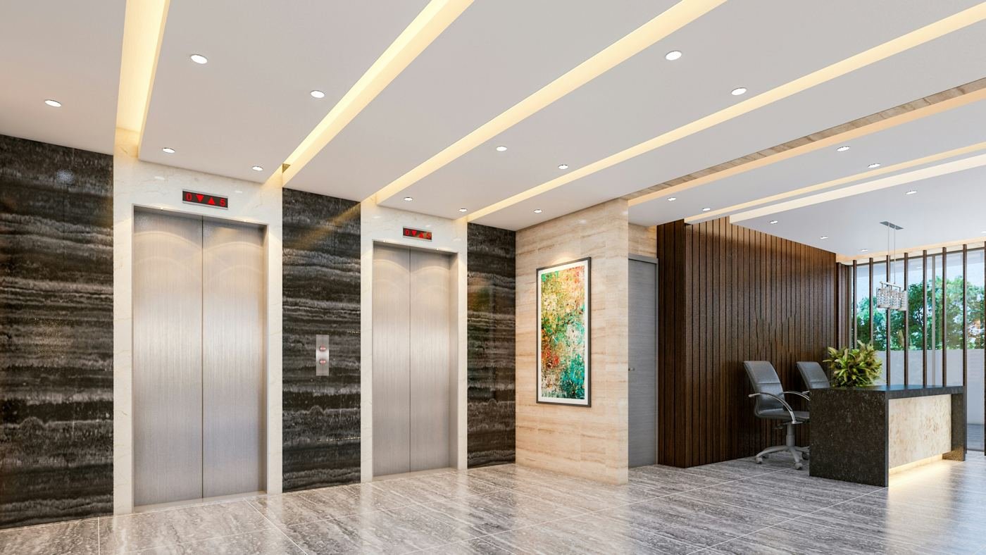 Clean, modern office lobby with polished floors